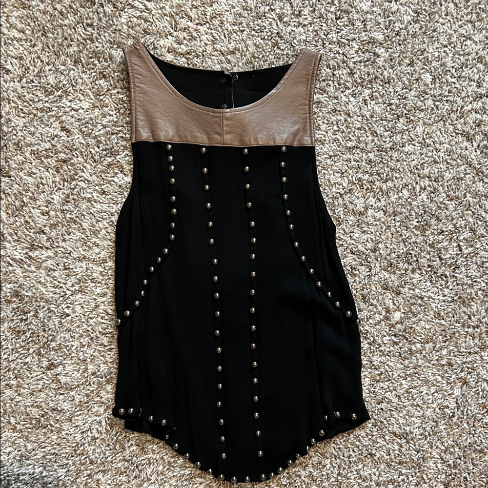 Studded Black Tank Top with Taupe Yoke